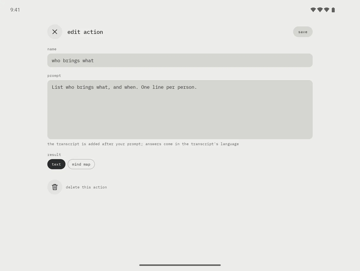 The action editor: name who brings what, a prompt asking to list who brings what and when, one line per person, result text selected, and delete this action at the bottom.