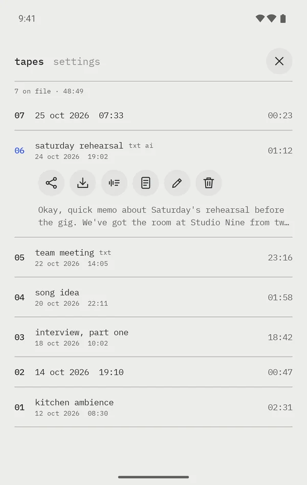 The tape list over the cover screen: the tapes and settings tabs, 7 on file, 48:49, then tapes 07 down to 01; tape 06 saturday rehearsal, marked txt and ai, is open with six round keys and the start of its transcript.