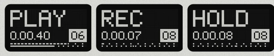 Three close-ups of the display: PLAY 0.00.40 on tape 06 with the tape line a little over half filled; REC 0.00.07 on tape 08; HOLD 0.00.08 on tape 08.