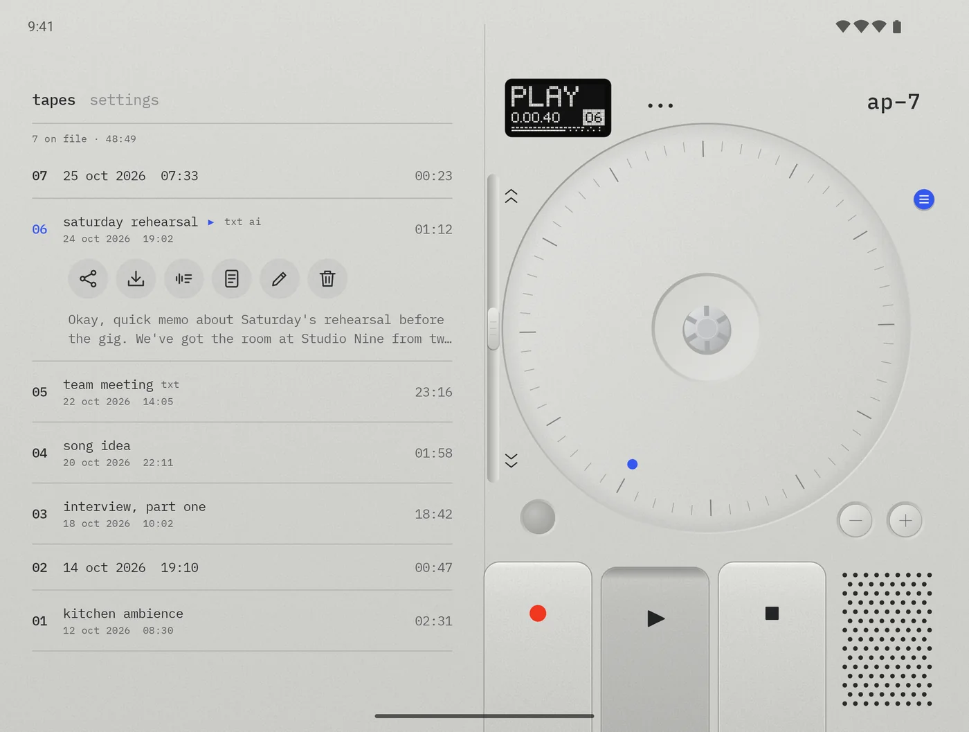 The inner screen: on the left, the tapes tab listing seven tapes, tape 06 saturday rehearsal open with its six keys and the start of its transcript; on the right, the recorder playing tape 06.