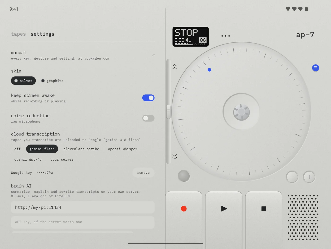 The settings tab on the inner screen, top: manual, skin with silver and graphite, keep screen awake on, noise reduction off, cloud transcription with gemini flash picked and a Google key ending q7Rw, and the start of brain AI.