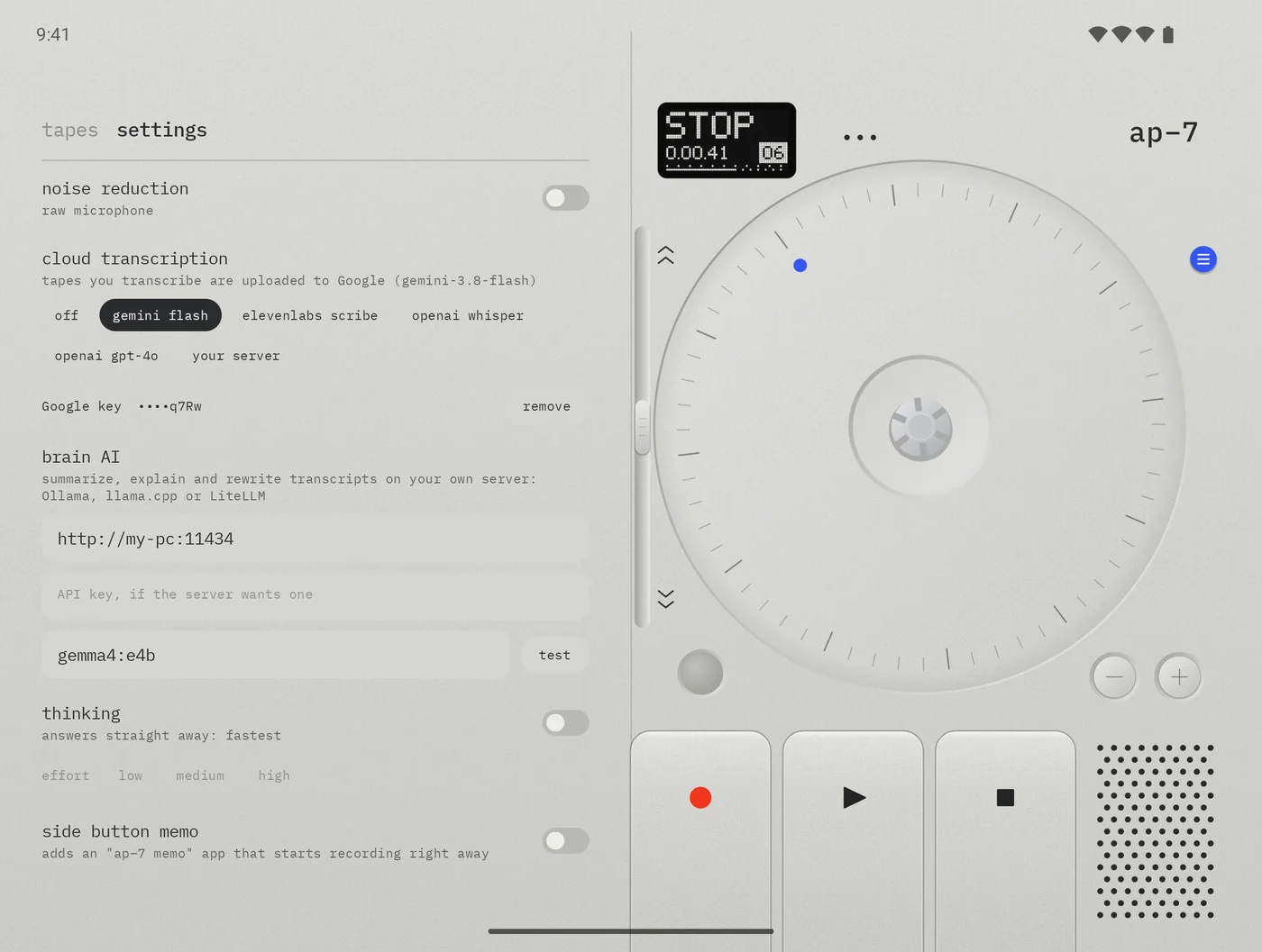 The settings tab scrolled down: brain AI with the address http://my-pc:11434, an empty API key field, the model gemma4:e4b and a test key, thinking off with effort low, medium and high, and side button memo off.
