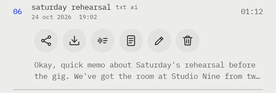 Tape 06 open: six round keys in a row, share, export, transcribe, transcript, rename and delete, and under them the first two lines of the transcript.