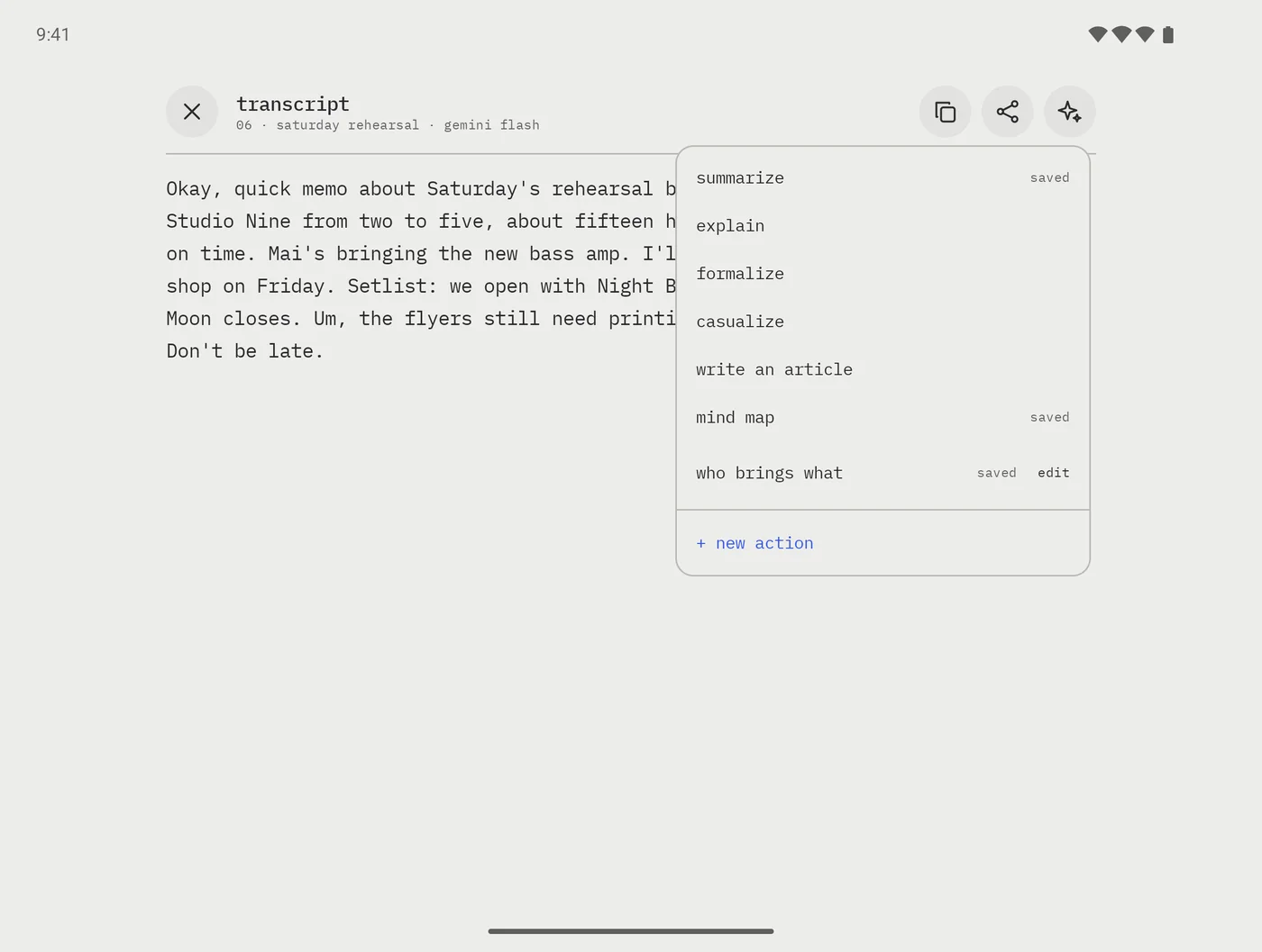 The brain AI menu open over a transcript: summarize (saved), explain, formalize, casualize, write an article, mind map (saved), who brings what (saved, with edit), and + new action.