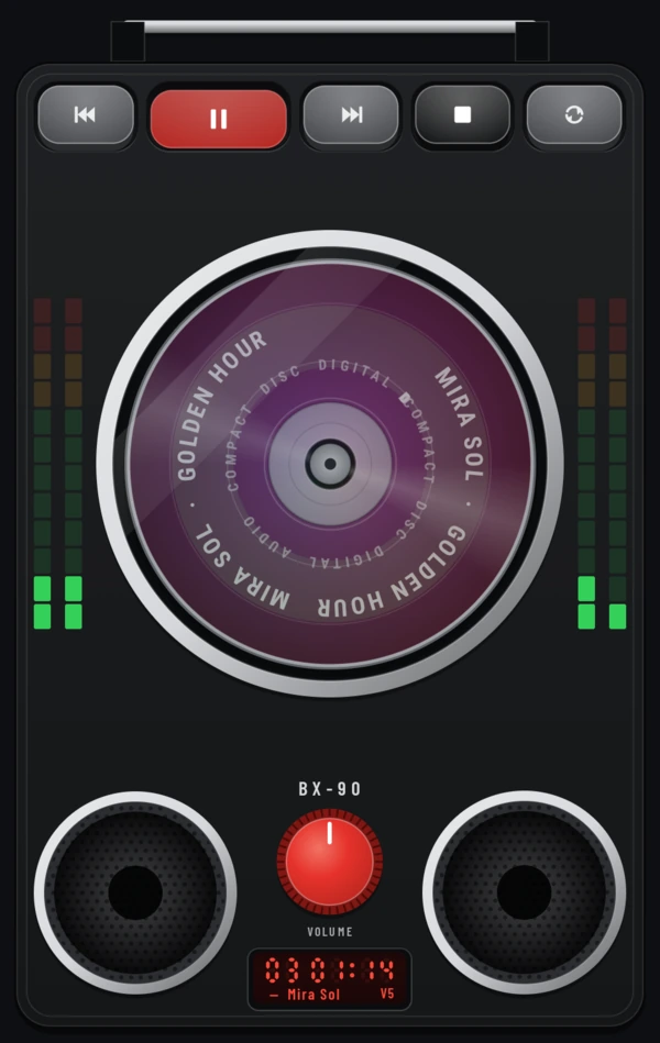 The BX-90 Boombox body in black: a chrome handle, five keys along the top with PAUSE in red, the disc between two LED meters, two round speakers either side of a red VOLUME dial and a small red display.