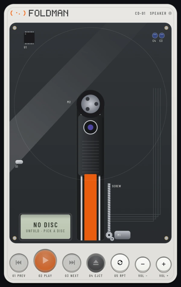 The cover screen with no disc: an empty board and the LCD reading NO DISC, UNFOLD, PICK A DISC.