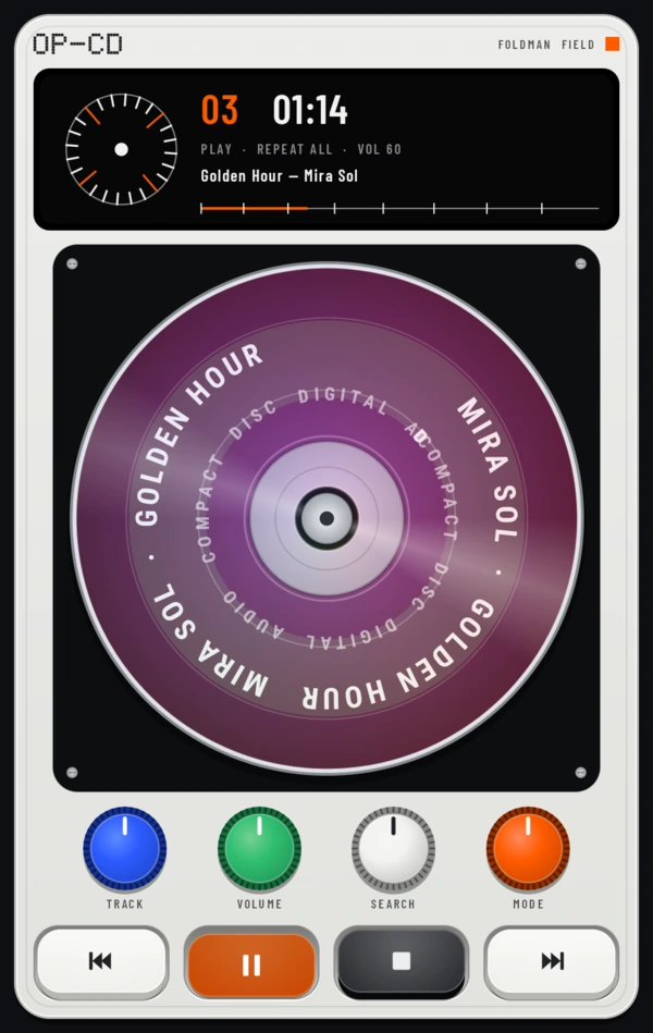 The OP-CD Field body in white: a black screen reading 03, 01:14, PLAY, REPEAT ALL, the disc in a square window, four knobs in blue, green, white and orange named TRACK, VOLUME, SEARCH and MODE, and four square keys.