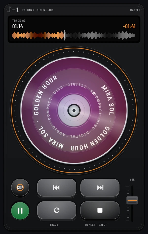 The J-1 Jog body in black: a waveform screen reading 01:14 and minus 01:41, the disc ringed with orange strobe dots as a jog wheel, CUE and PLAY keys, track keys, repeat and eject, and a volume fader.