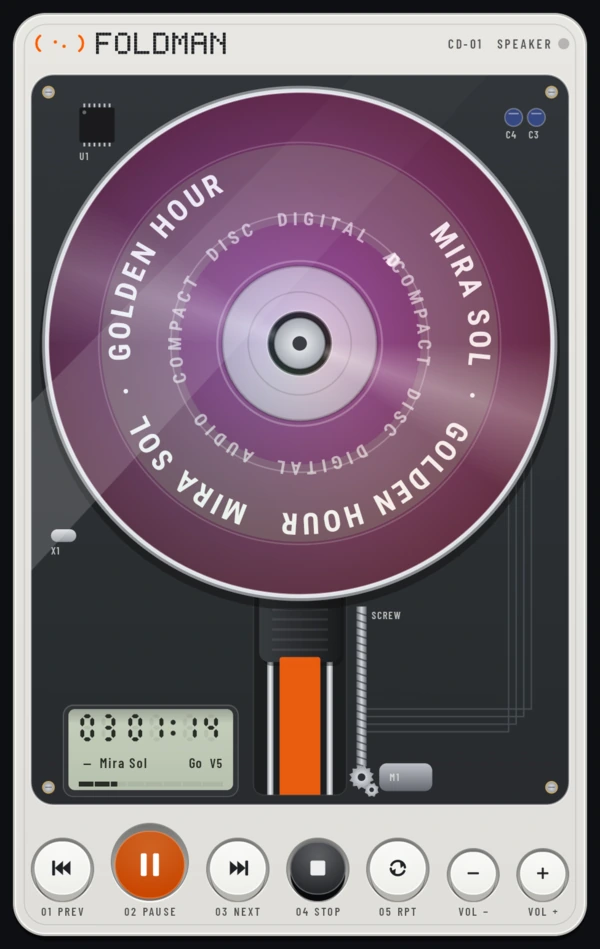The cover screen playing: the CD-01 Studio body in grey, the disc Golden Hour by Mira Sol on its circuit board, an LCD reading track 03 at 01:14, and a row of round numbered keys, 01 PREV, 02 PAUSE lit orange, 03 NEXT, 04 STOP, 05 RPT, VOL minus and VOL plus.