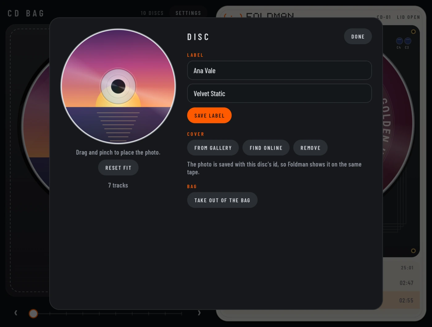 The DISC card for Velvet Static by Ana Vale: the disc with a sunset photo printed on it, drag and pinch to place the photo, RESET FIT, 7 tracks; LABEL with Artist and Album fields and SAVE LABEL; COVER with FROM GALLERY, FIND ONLINE and REMOVE; BAG with TAKE OUT OF THE BAG.