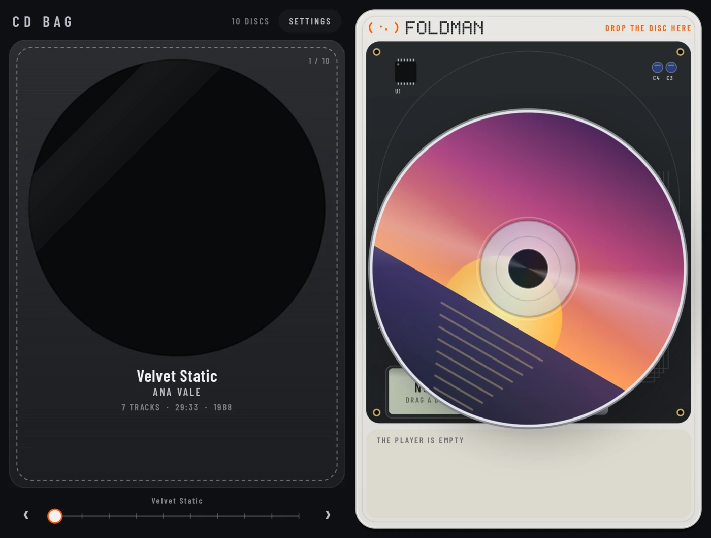 The disc Velvet Static lifted out of its sleeve and held over the empty open player, whose header reads DROP THE DISC HERE.