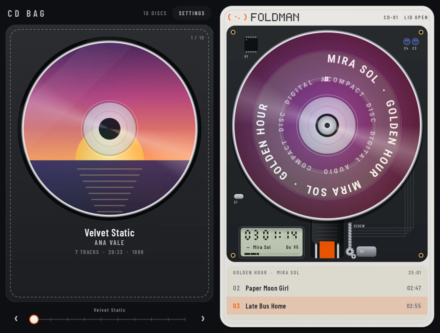 The inner screen: the CD bag on the left page showing Velvet Static by Ana Vale, leaf 1 of 10, and on the right the open player, lid open, with Golden Hour by Mira Sol on the spindle and its track list below, track 3 Late Bus Home highlighted.