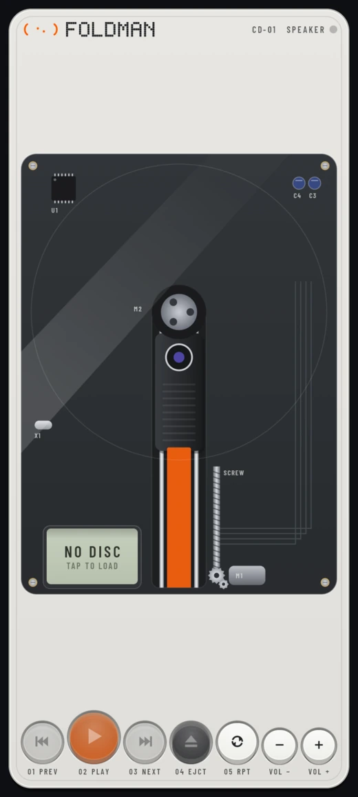 The player on an ordinary phone with no disc: the LCD reads NO DISC, TAP TO LOAD.