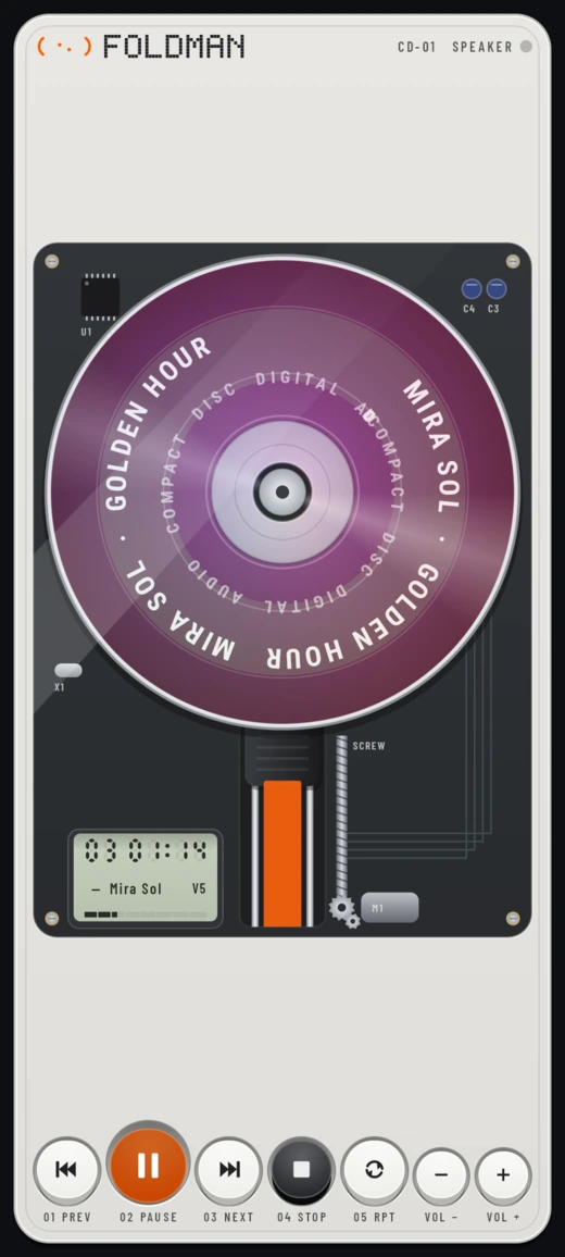 The lid shut and the disc playing on an ordinary phone, with PAUSE lit.