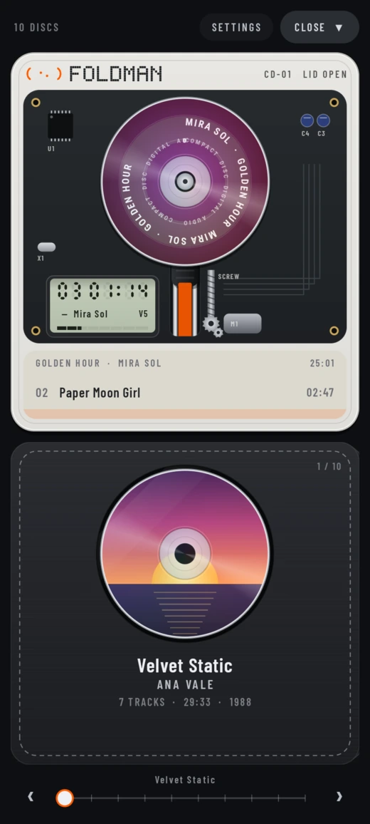 The open lid on an ordinary phone: a bar with 10 DISCS, SETTINGS and CLOSE, the open player with Golden Hour on the spindle, and the CD bag below it showing Velvet Static.
