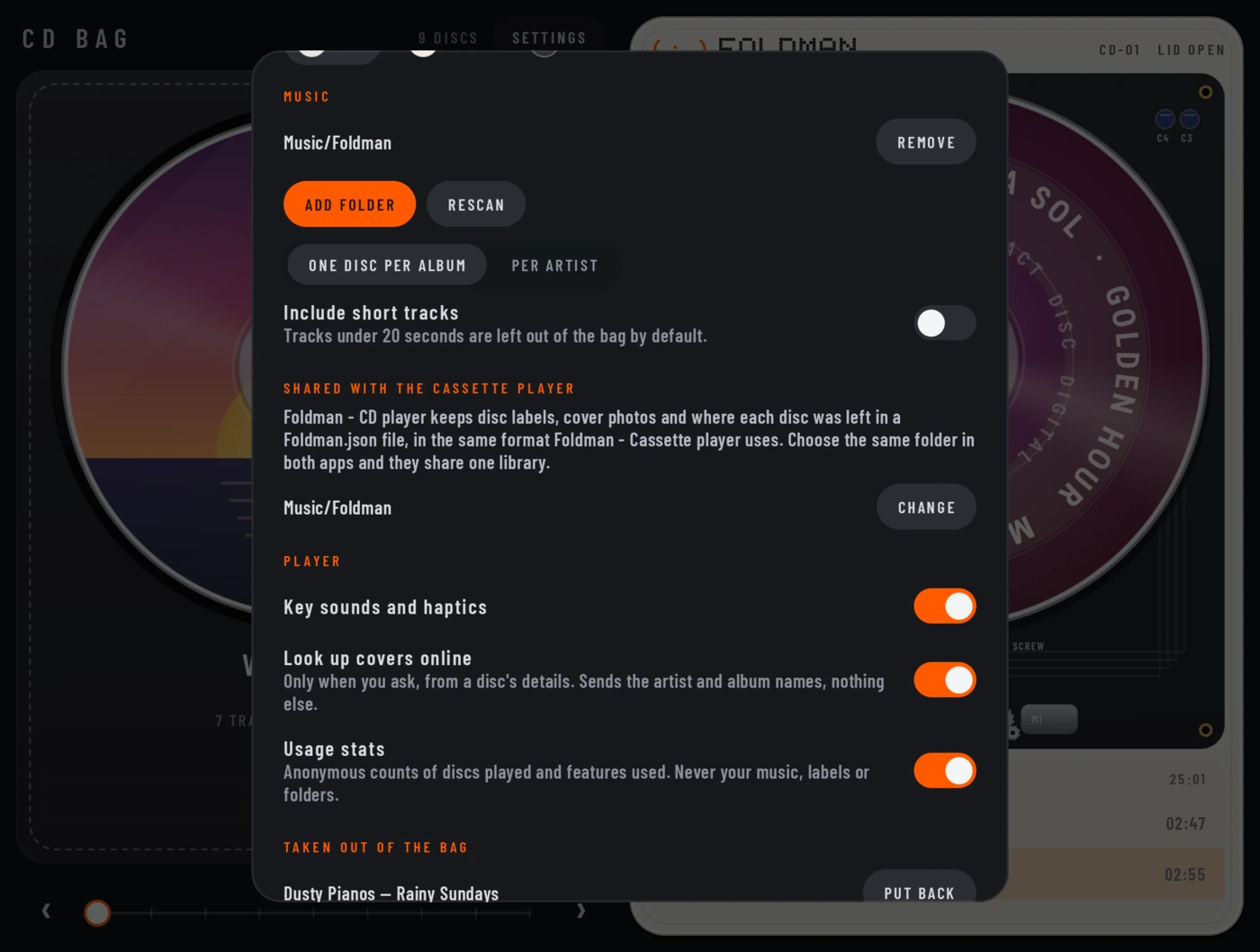 Settings, bottom: SHARED WITH THE CASSETTE PLAYER with Music/Foldman and CHANGE; PLAYER with switches for Key sounds and haptics, Look up covers online and Usage stats; TAKEN OUT OF THE BAG with Dusty Pianos, Rainy Sundays and PUT BACK.
