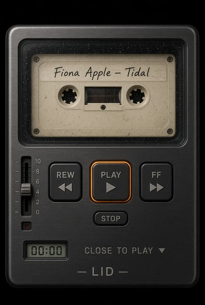 An early spec render of the cover screen: a cassette labelled Fiona Apple, Tidal behind a window, REW, PLAY and FF keys, a volume slider and the words close to play, LID.