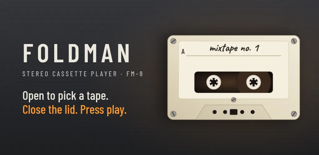 Foldman store graphic: the FOLDMAN wordmark, Stereo cassette player FM-8, and a cream cassette labelled mixtape no. 1.