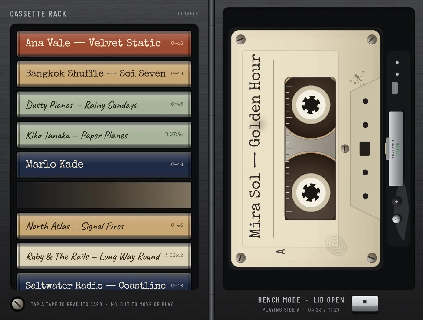 Bench mode with the phone open: the tape plays in the deck and the caption plate reads bench mode, lid open, with a STOP key.