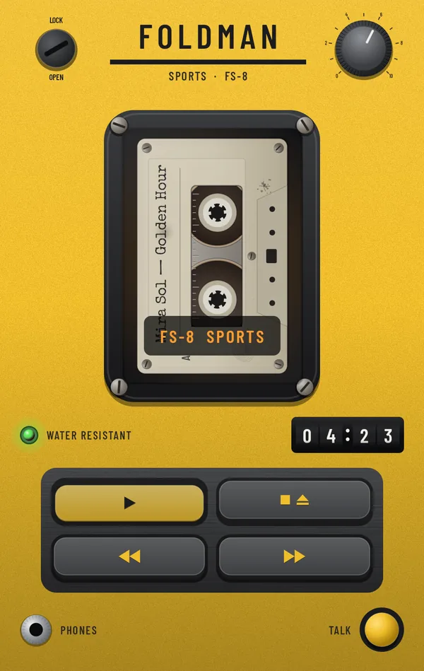 The cover just after a three-finger swipe: the yellow FS-8 Sports body, with its name FS-8 SPORTS shown over the tape.