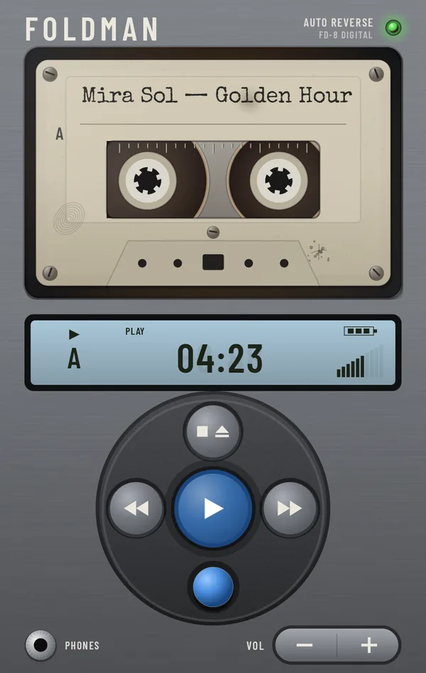 The FD-8 Digital body: the tape lies flat above an LCD showing side A, PLAY and 04:23, with a round jog pad and minus and plus volume keys.