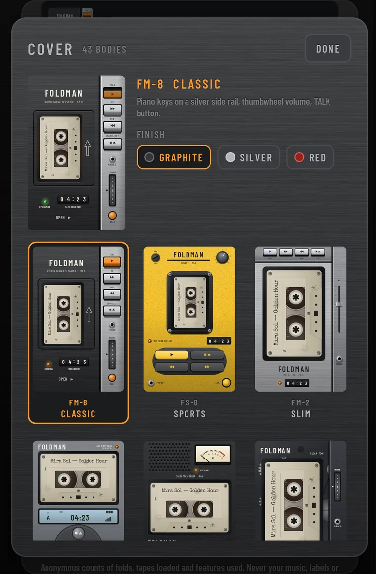 The cover picker: COVER, 43 bodies, with FM-8 Classic selected, its finishes GRAPHITE, SILVER and RED, and a grid of body miniatures.