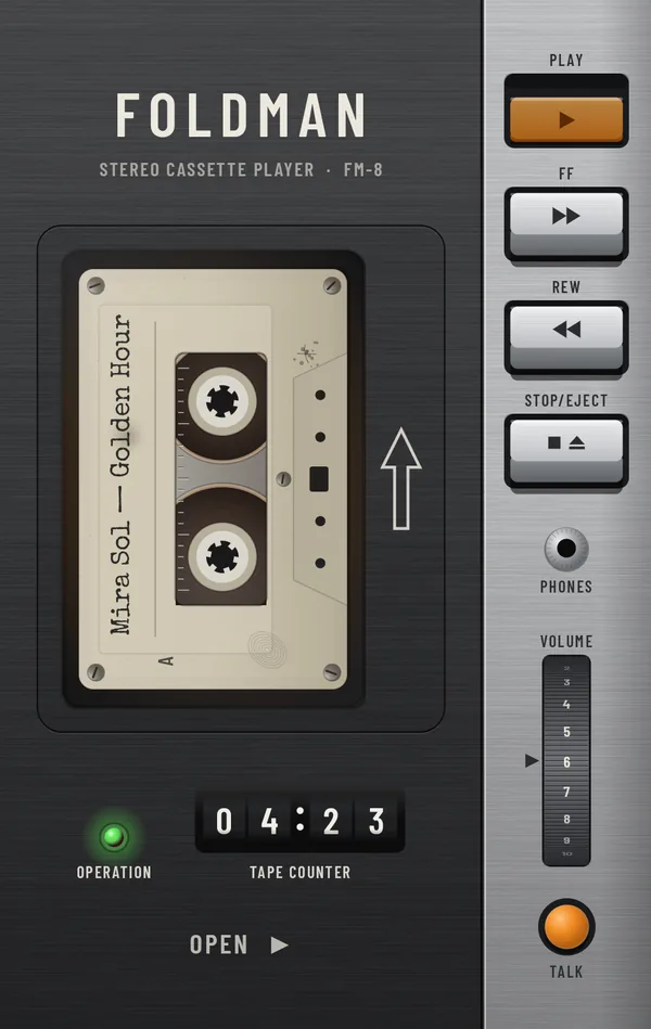 The cover screen playing: the FOLDMAN FM-8 stereo cassette player, a cream tape in the window, PLAY latched down on the silver rail with FF, REW and STOP/EJECT below, a green OPERATION light, the tape counter at 04:23, the PHONES socket, a volume wheel and the orange TALK button.