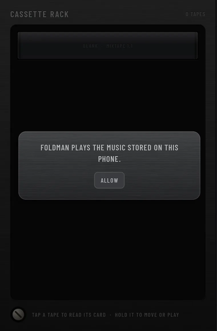 The first-run card on the inner screen: Foldman plays the music stored on this phone, with an ALLOW button.