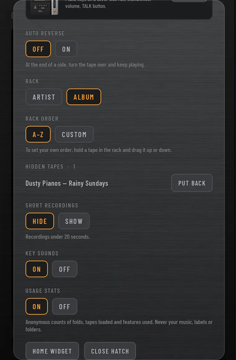 The service hatch, bottom: SHORT RECORDINGS HIDE or SHOW; KEY SOUNDS ON or OFF; USAGE STATS ON or OFF; HOME WIDGET and CLOSE HATCH.