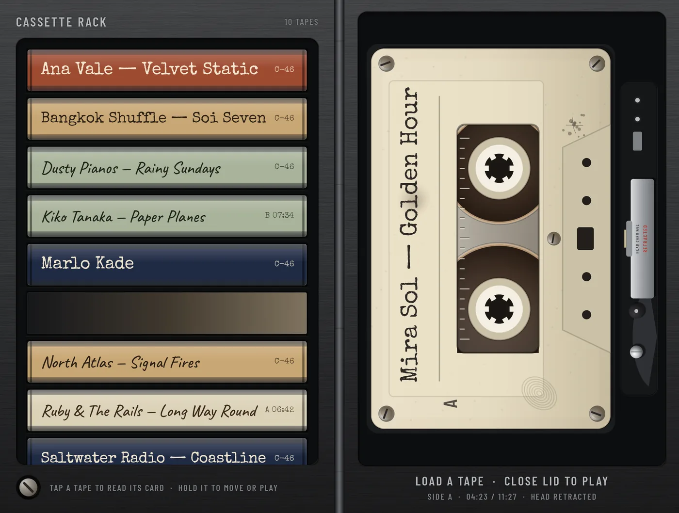 The inner screen: the cassette rack on the left page and a cream tape, Mira Sol, Golden Hour, loaded in the deck on the right. The caption reads load a tape, close lid to play.