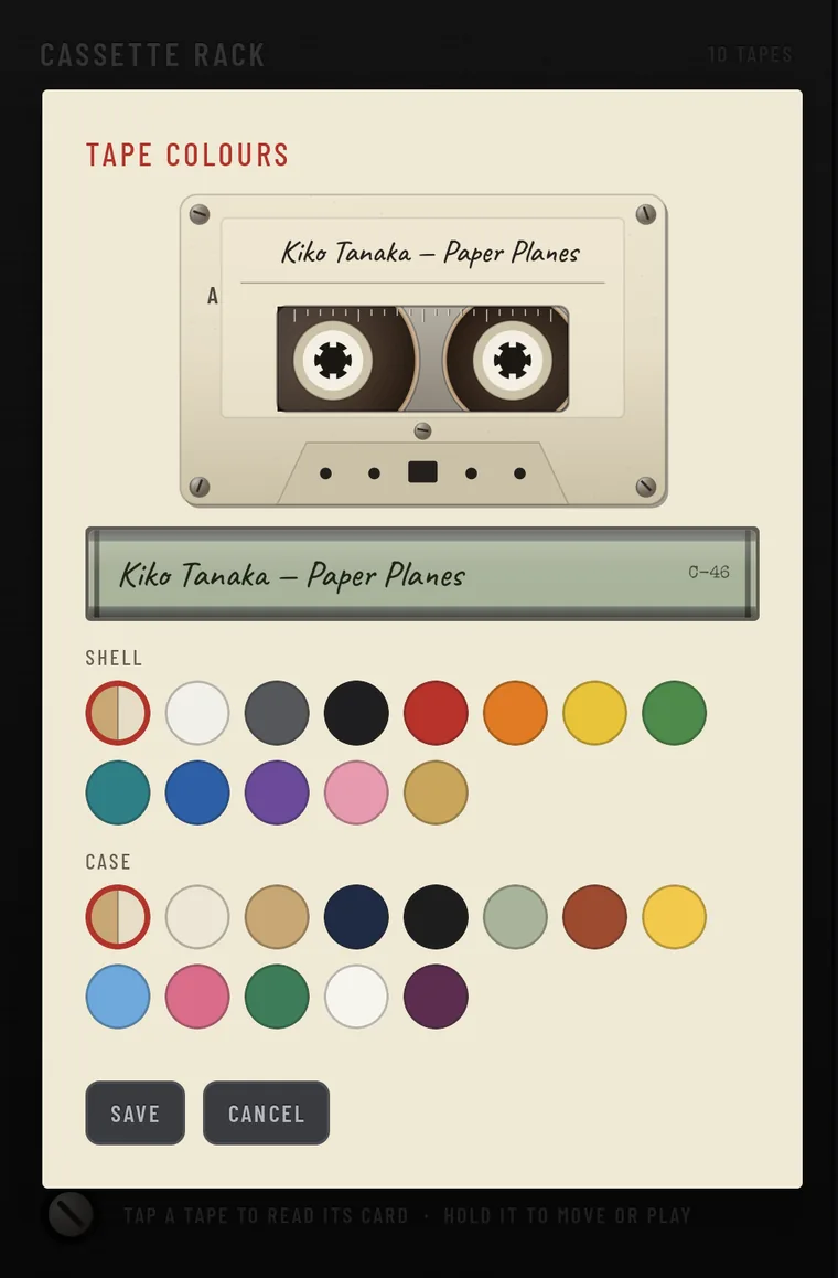 TAPE COLOURS: a preview of the cassette and its spine, a row of SHELL colour swatches and a row of CASE colour swatches, with SAVE and CANCEL.