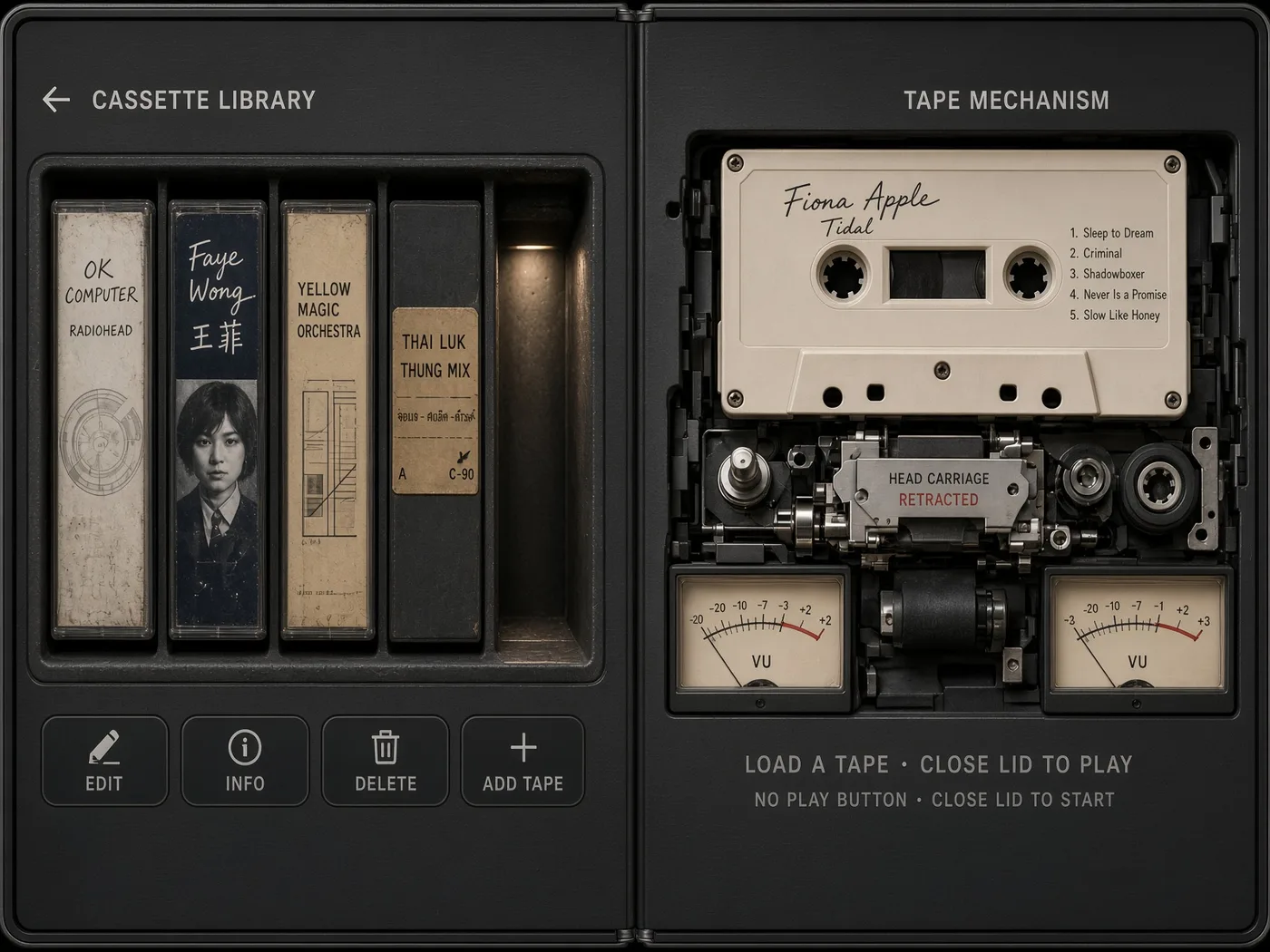 A spec render of the inner screen: a cassette library shelf on the left and the tape mechanism with two VU meters on the right.