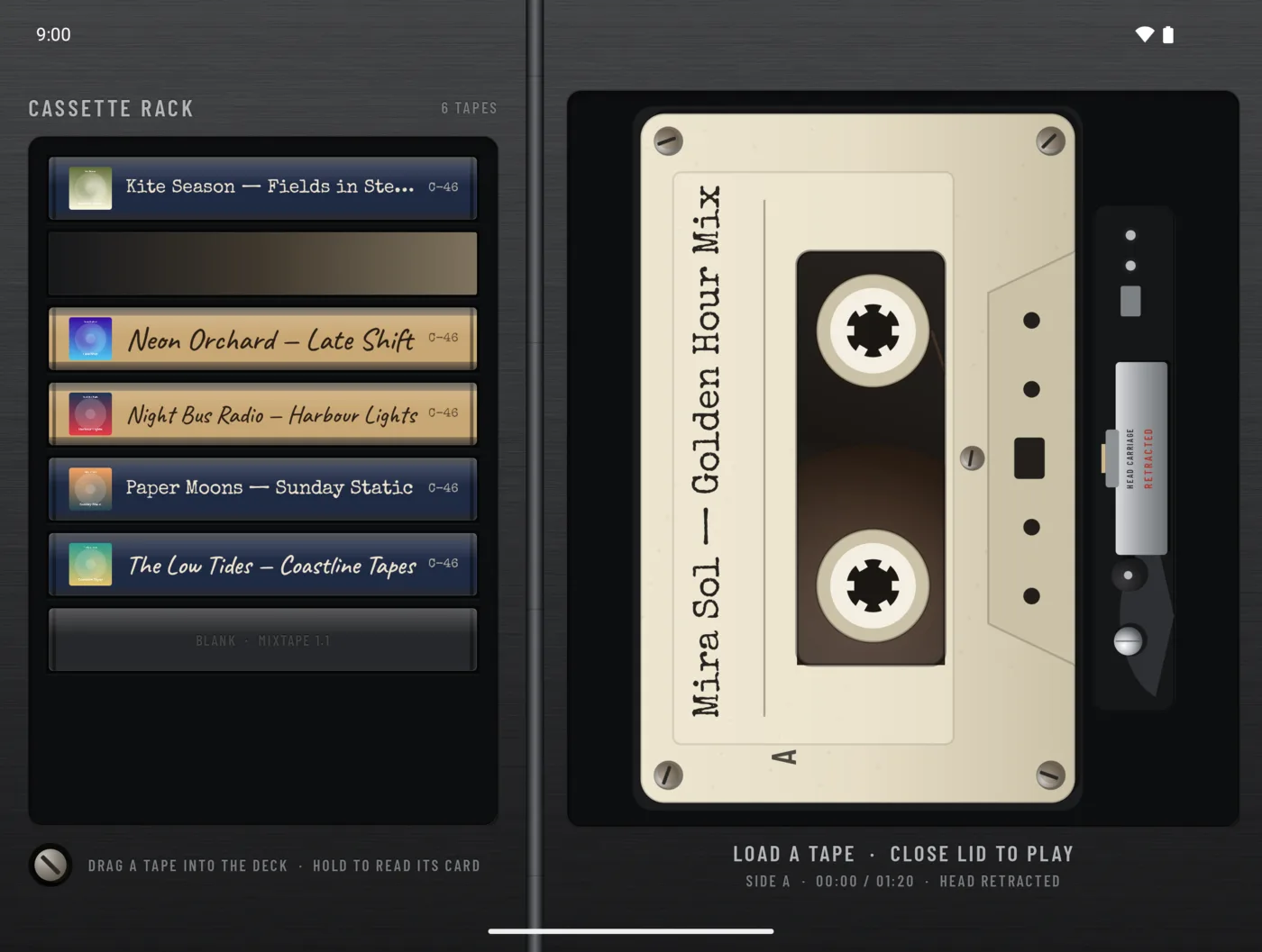 Inner screen, phone open: the cassette rack on the left and a cream tape loaded in the deck on the right, with the hint load a tape, close lid to play.