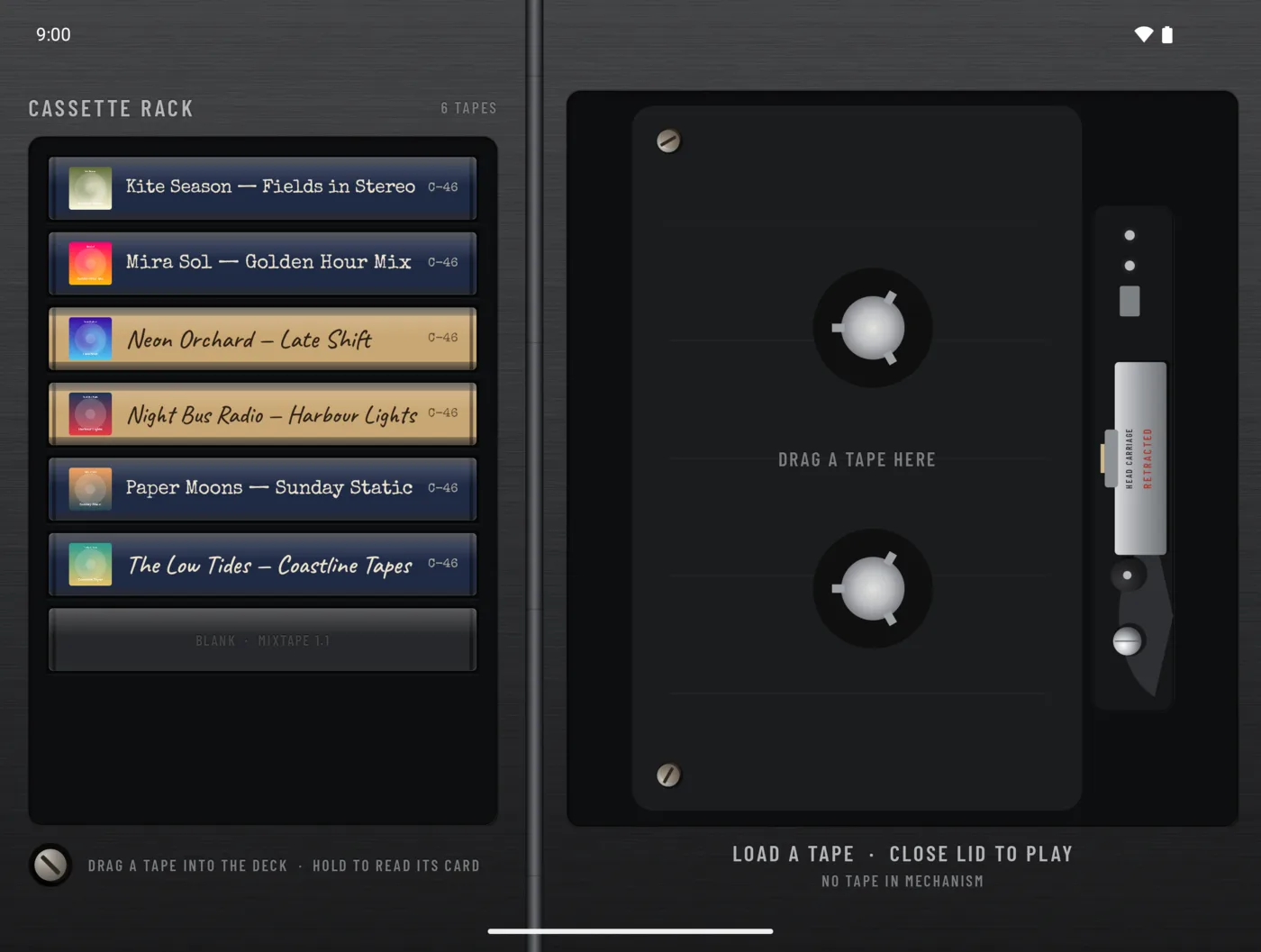 Inner screen: a cassette rack of six labelled tapes beside an empty deck that says drag a tape here.