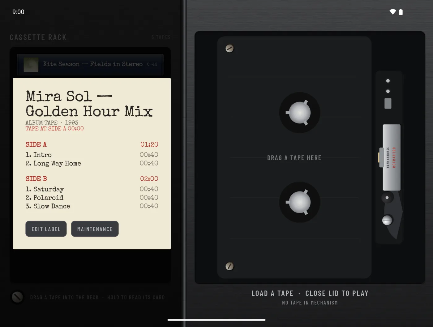 A tape's J-card opened over the rack, listing side A and side B tracks, with Edit label and Maintenance buttons.