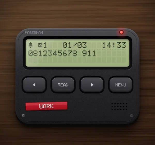 Pagerman's WORK pager: a black plastic pager with a green dot-matrix LCD showing a callback number and 911, four buttons, a red LED and a red label tape.