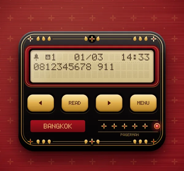 Pagerman's BANGKOK pager: black with gold keys, red trim and gold ornaments, on a red woven background.